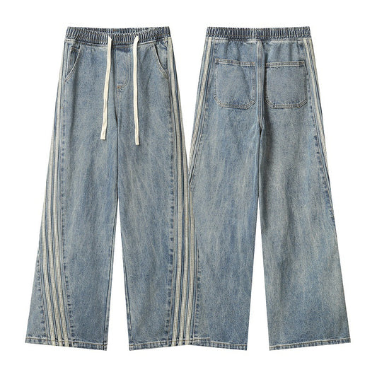 Light Blue Side Three Bars Straight Jeans