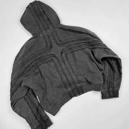 Heavy Cotton Relaxed Hand Frayed Cross Design Hoodie