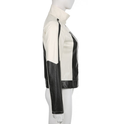 Patchwork Slim Collared Casual Leather Jacket