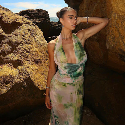 Deep V-neck Halter Backless Long Dress