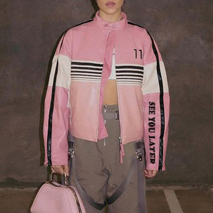 Motorcycle Contrast Color Leather Jacket