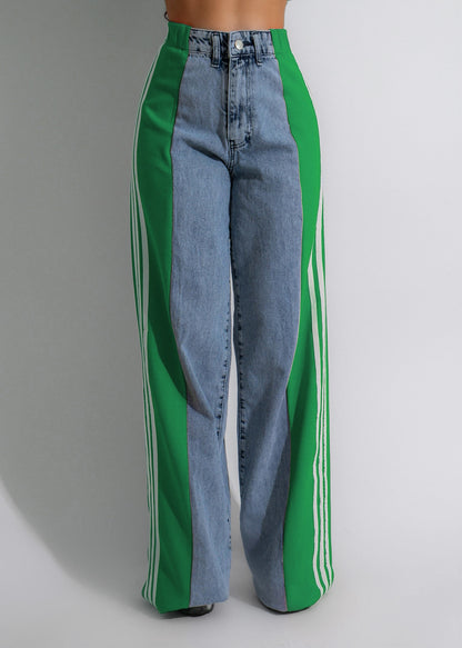 Three Stripe Patchwork Denim Wide Leg Pants